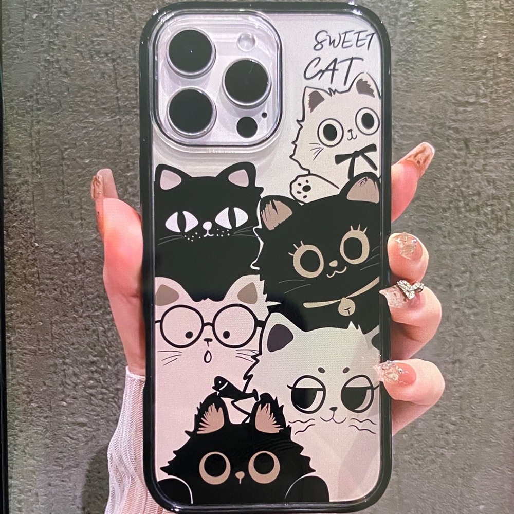 Cute Cat Illustration Clear Phone Case — Black & Cream Design